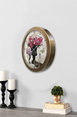 36 cm Eskitme Metal Pembe Çiçek Duvar Saati