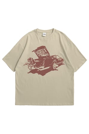 Kadın Erkek Bej Hell Baskılı Oversize Bisiklet Yaka Kısa Kollu T-Shirt