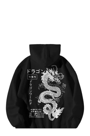 Kadın Erkek Siyah Ejder Baskılı Oversize Kapşonlu Kanguru Cepli Hoodie