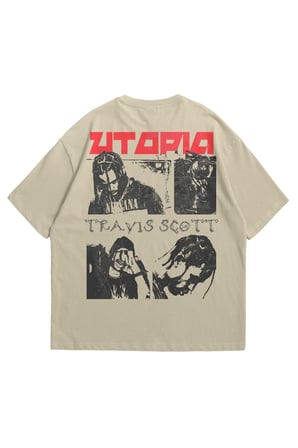 Kadın Erkek Bej Travis Utopia Baskılı Oversize Bisiklet Yaka Kısa Kollu T-Shirt