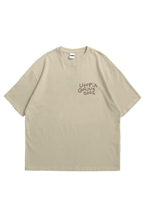Kadın Erkek Bej Travis Utopia Baskılı Oversize Bisiklet Yaka Kısa Kollu T-Shirt