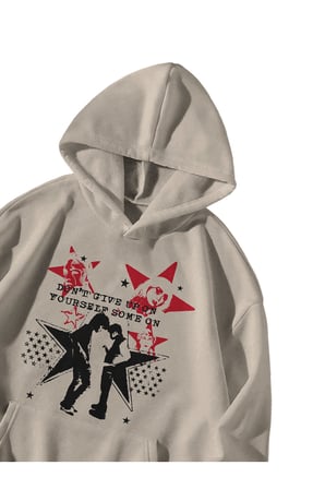 Kadın Erkek Krem Dont Give Up Baskılı Ebstar Oversize Kapşonlu Kanguru Cepli Sweatshirt Hoodie