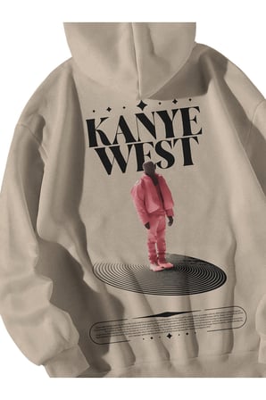 Krem Unisex Oversize Hoodie - Kanye West Poster Baskılı Oversize Kapşonlu Kanguru Cepli Hoodie