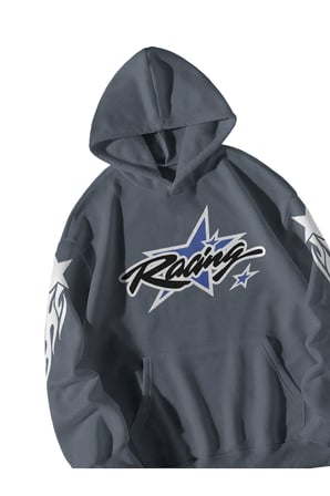 Antrasit Unisex Oversize Hoodie - Racing Baskılı Kanguru Cepli Kapüşonlu Streetwear Sweatshirt