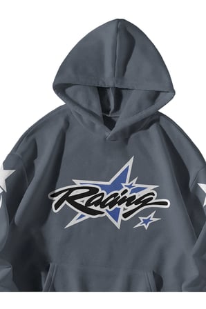 Antrasit Unisex Oversize Hoodie - Racing Baskılı Kanguru Cepli Kapüşonlu Streetwear Sweatshirt
