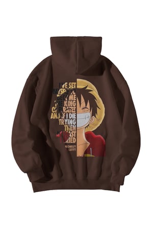 Unisex Kahverengi Oversize Hoodie - One Piece Anime Baskılı 3 İplik Şardonlu Streetwear Sweatshirt