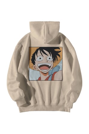 Krem Kadın Erkek Oversize Kapşonlu Kanguru Cepli One Piece Anime Baskılı Sweatshirt Hoodie