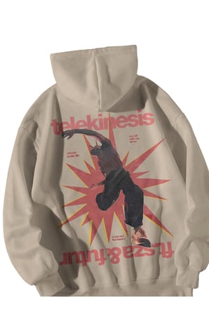 Krem Unisex Oversize Hoodie - Travis Scott Telekinesis Baskılı Kanguru Cepli Streetwear Sweatshirt