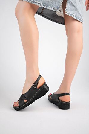 Ortopedik Pedli Çapraz Siyah Kadın Sandalet