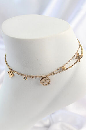 pilelistore 316L Çelik Gold Renk 2'Li Zincir Rüya Kapnı Figür Zirkon Taş Detay Kadın Halhal - TJ-HH1651