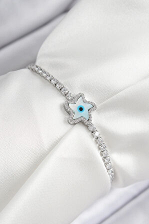 pilelistore Pirinç Zirkon Taşlı Nazar Yıldız Model Gümüş Renk Asansörlü Kadın Bileklik - TJ-BB7469