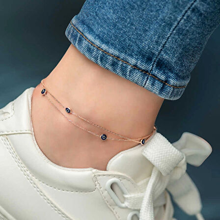 pilelistore 925 Ayar Gümüş Rose Çift Zincirli Nazar Halhal