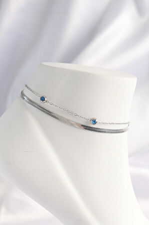 pilelistore 316L Çelik Gümüş Renk Nazar Boncuk Tasarımlı 2li Halhal - TJ-HH1608