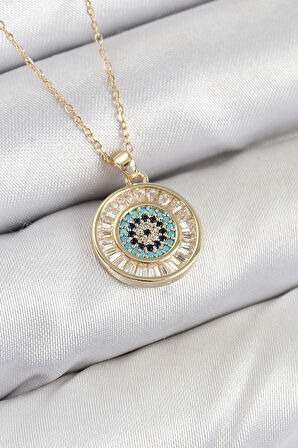 pilelistore Pirinç Zirkon Taşlı Su Yolu Nazar Model Gold Renk Kadın Kolye - TJ-BKO10428