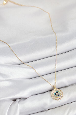 pilelistore Pirinç Zirkon Taşlı Su Yolu Nazar Model Gold Renk Kadın Kolye - TJ-BKO10428