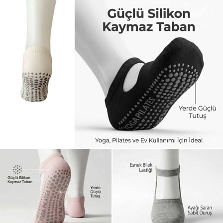Kaymaz Taban Yoga ve Pilates Çorabı 8`li Kadın, Silikon Tabanlı Nefes Alabilir Bilek Bantlı Çorap, Ev Yoga Pilates Trambolin Umre İçin, 4 Renk