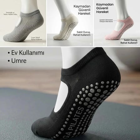 Kaymaz Taban Yoga ve Pilates Çorabı 8`li Kadın, Silikon Tabanlı Nefes Alabilir Bilek Bantlı Çorap, Ev Yoga Pilates Trambolin Umre İçin, 4 Renk