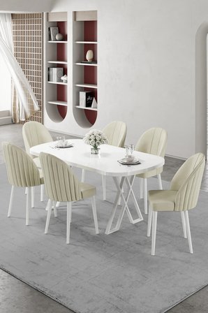 Kaye Serisi Mdf 90x168 Beyaz Mutfak Masası Takımı 6 Krem Sandalye