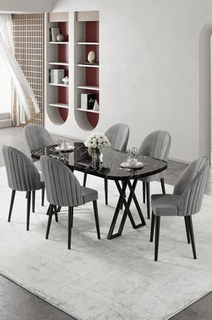 Kaye Serisi Mdf 90x168 Siyah Mermer Desen Mutfak Masası Takımı 6 Gri Sandalye