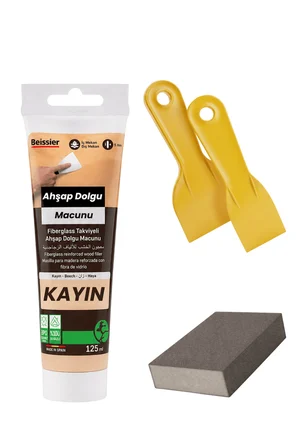 4'lü Kayın Ahşap ve Duvar Tamir Seti 125 Ml Dolgu Macunu 2 Adet Plastik Spatula 1 Kübik Zımpara