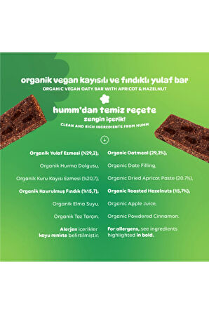 Humm Organic Organik Vegan Kayısılı ve Fındıklı Yulaf Bar Atıştırmalık Paketi - 27 G X 6 adet