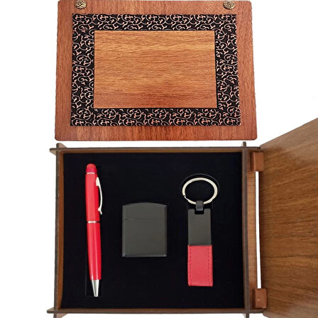 pilelistore Ahşap Kutulu Kırmızı Kalem Anahtarlık ve Çakmak Set