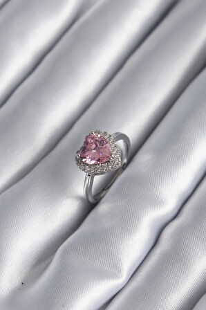 pilelistore Pirinç Gümüş Renk Pembe Zirkon Taş Kalp Charm Model Kadın Yüzük - TJ-BYK2954