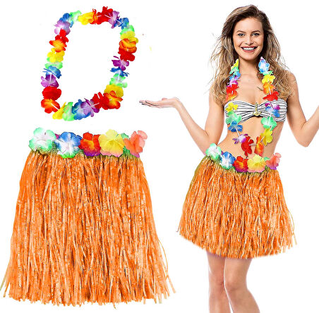 pilelistore Hawaii Luau Aloha Turuncu Püsküllü 40 cm Etek ve Hawaii Kolye Seti