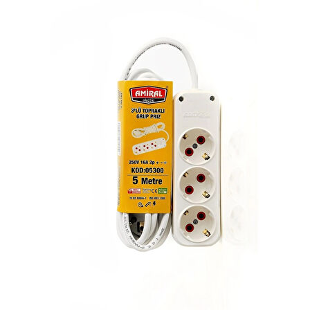 pilelistore 3 lü Topraklı 5 Metre Kablolu Grup Priz