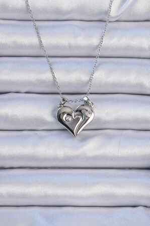 pilelistore 316L Çelik Zincir Gümüş Renk Zirkon Taşlı Mıknatıslı Kalp Kolye - TJ-BKO9082