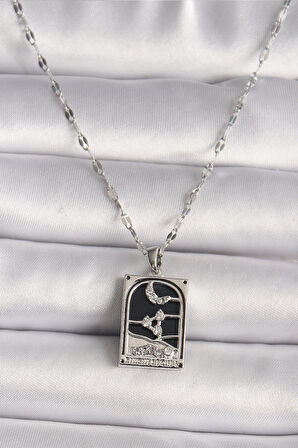 pilelistore 316L Çelik Gümüş Renk Zirkon Taşlı  Ay Figürlü Taror Model Kadın Kolye - TJ-BKO9685