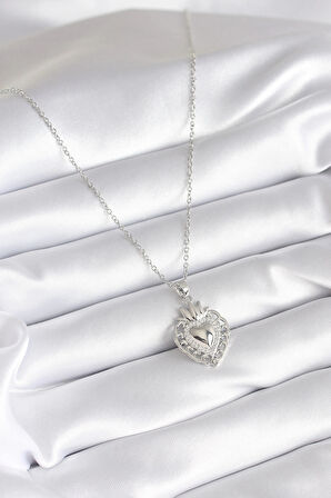 pilelistore 316L Çelik Gümüş Renk Zirkon Taş Detay Taç Kalp Model Kadın Kolye - TJ-BKO8273