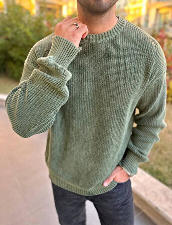 Kazak Triko Oversize Tüylenmez Naturel Pamuk Yırtık Detaylı Lazer Kesim Rahat Kesim Salaş Kazak