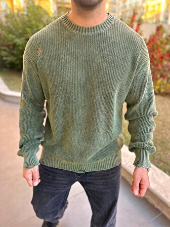 Kazak Triko Oversize Tüylenmez Naturel Pamuk Yırtık Detaylı Lazer Kesim Rahat Kesim Salaş Kazak