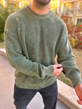 Kazak Triko Oversize Tüylenmez Naturel Pamuk Yırtık Detaylı Lazer Kesim Rahat Kesim Salaş Kazak