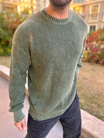 Kazak Triko Oversize Tüylenmez Naturel Pamuk Yırtık Detaylı Lazer Kesim Rahat Kesim Salaş Kazak