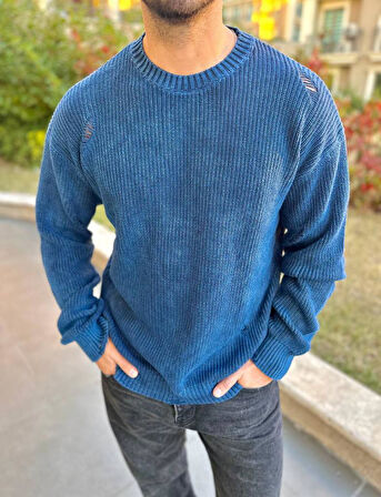 Kazak Triko Oversize Tüylenmez Naturel Pamuk Yırtık Detaylı Lazer Kesim Rahat Kesim Salaş Kazak