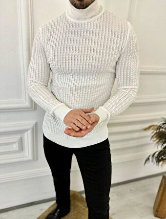 Kazak Slim Fit Tüylenmez Naturel Pamuk Triko Boğazlı Balıkçı Yaka Kazak