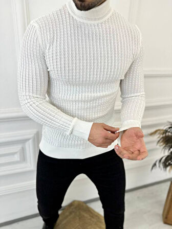 Kazak Slim Fit Tüylenmez Naturel Pamuk Triko Boğazlı Balıkçı Yaka Kazak