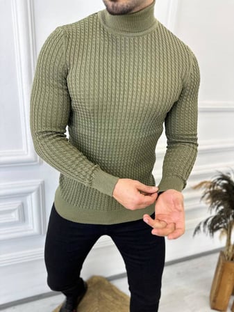 Kazak Slim Fit Tüylenmez Naturel Pamuk Triko Boğazlı Balıkçı Yaka Kazak