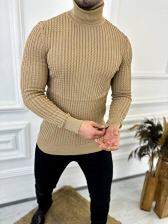 Kazak Slim Fit Tüylenmez Naturel Pamuk Triko Boğazlı Balıkçı Yaka Kazak