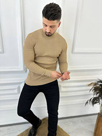 Kazak Slim Fit Tüylenmez Naturel Pamuk Triko Boğazlı Balıkçı Yaka Kazak