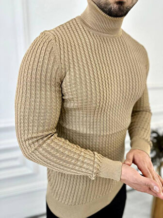 Kazak Slim Fit Tüylenmez Naturel Pamuk Triko Boğazlı Balıkçı Yaka Kazak