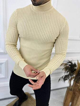 Kazak Slim Fit Tüylenmez Naturel Pamuk Triko Boğazlı Balıkçı Yaka Kazak