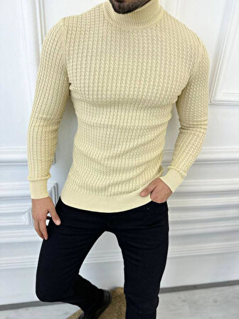 Kazak Slim Fit Tüylenmez Naturel Pamuk Triko Boğazlı Balıkçı Yaka Kazak