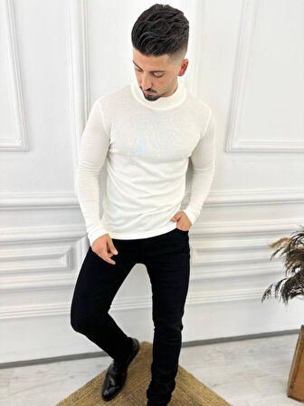 Kazak Slim Fit Tüylenmez Naturel Pamuk Triko Boğazlı Balıkçı Yaka Kazak