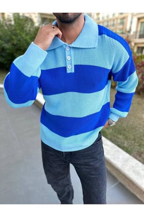 Kazak Oversize Tüylenmez Naturel Pamuk Polo Yaka Örme Düğme Kapamalı Triko Kazak