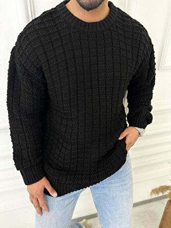 Kazak Oversize Kare Örme Desenli Naturel Pamuk Bol Kesim Tüylenmeyen Salaş Triko Kazak