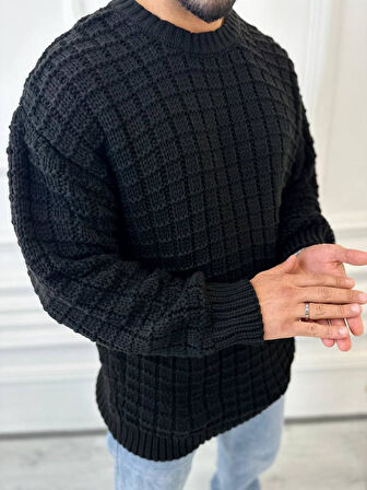 Kazak Oversize Kare Örme Desenli Naturel Pamuk Bol Kesim Tüylenmeyen Salaş Triko Kazak