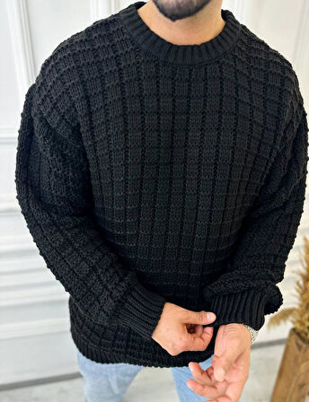 Kazak Oversize Kare Örme Desenli Naturel Pamuk Bol Kesim Tüylenmeyen Salaş Triko Kazak